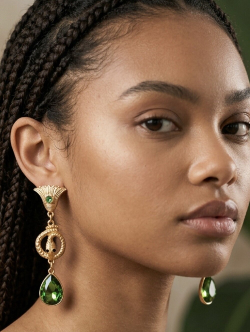 18k Matte Gold Plated Coiled Snake Green Crystal Drop Dangle Earrings - Picture 5 of 6